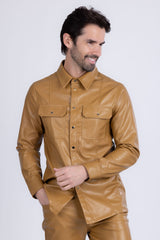 Barabas Wholesale Men's PU Leather Shiny Stretch Long Sleeve Shirt 4B100 Mustard