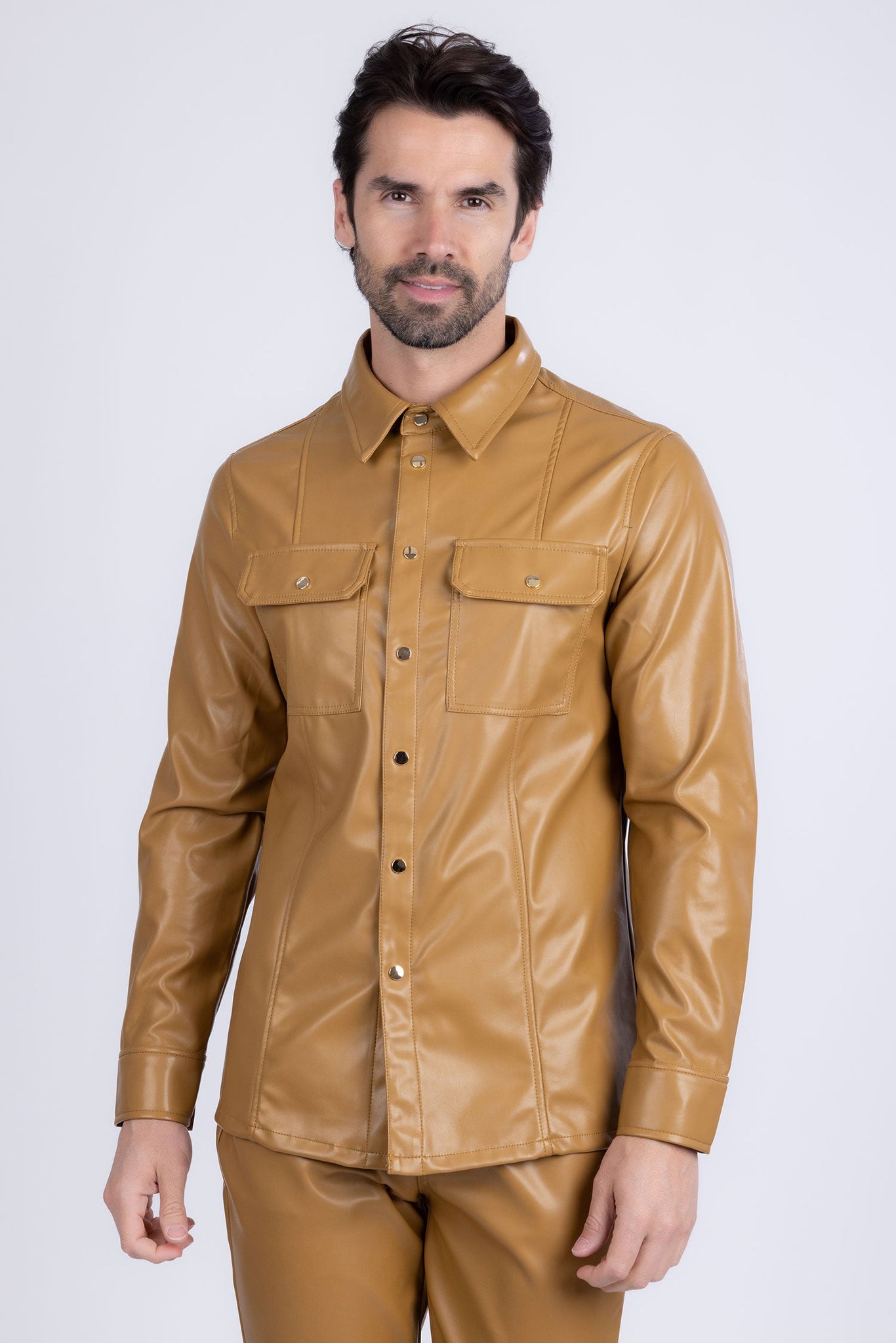 Barabas Wholesale Men's PU Leather Shiny Stretch Long Sleeve Shirt 4B100 Yellow