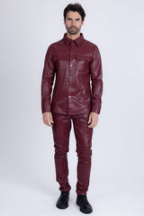 Barabas Wholesale Men's PU Leather Shiny Stretch Long Sleeve Shirt 4B100 Scarlet