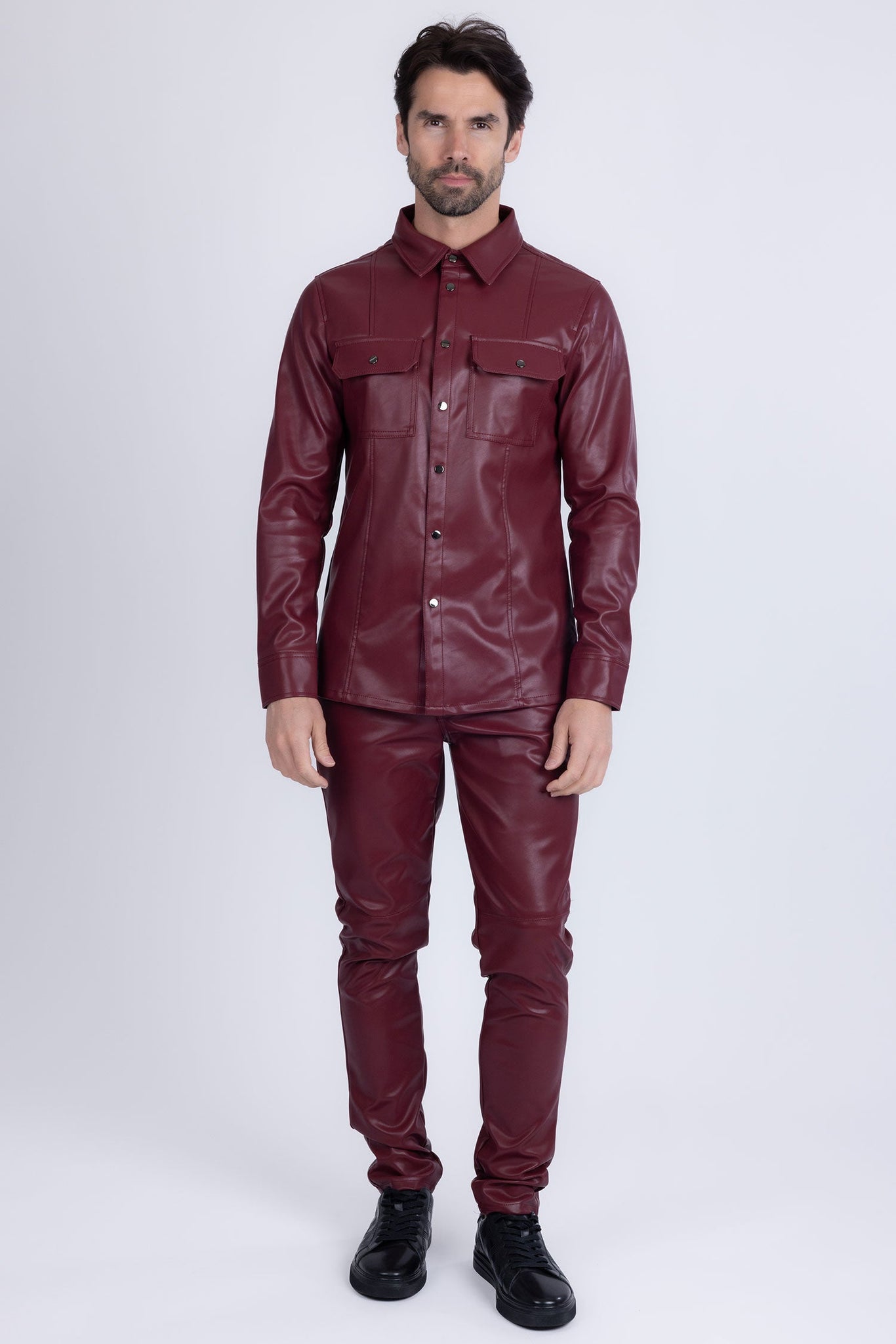 Barabas Wholesale Men's PU Leather Shiny Stretch Long Sleeve Shirt 4B100 Scarlet