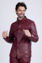 Barabas Wholesale Men's PU Leather Shiny Stretch Long Sleeve Shirt 4B100 Burgundy