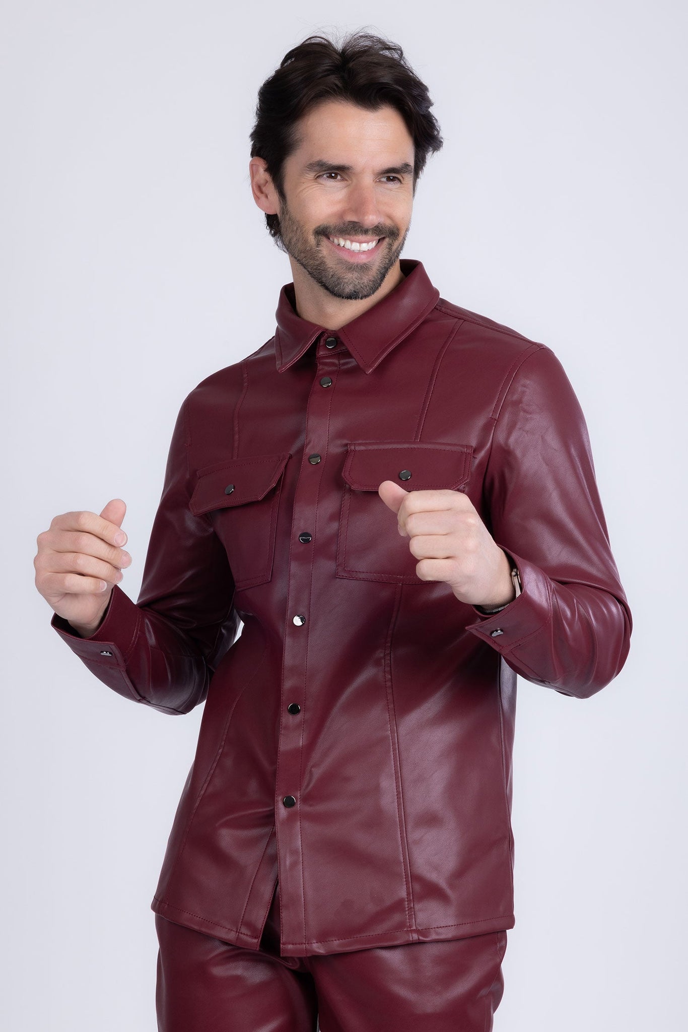 Barabas Wholesale Men's PU Leather Shiny Stretch Long Sleeve Shirt 4B100 Burgundy