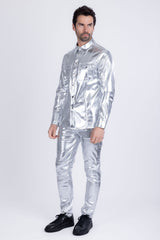 Barabas Wholesale Men's PU Leather Shiny Stretch Long Sleeve Shirt 4B100 Silver
