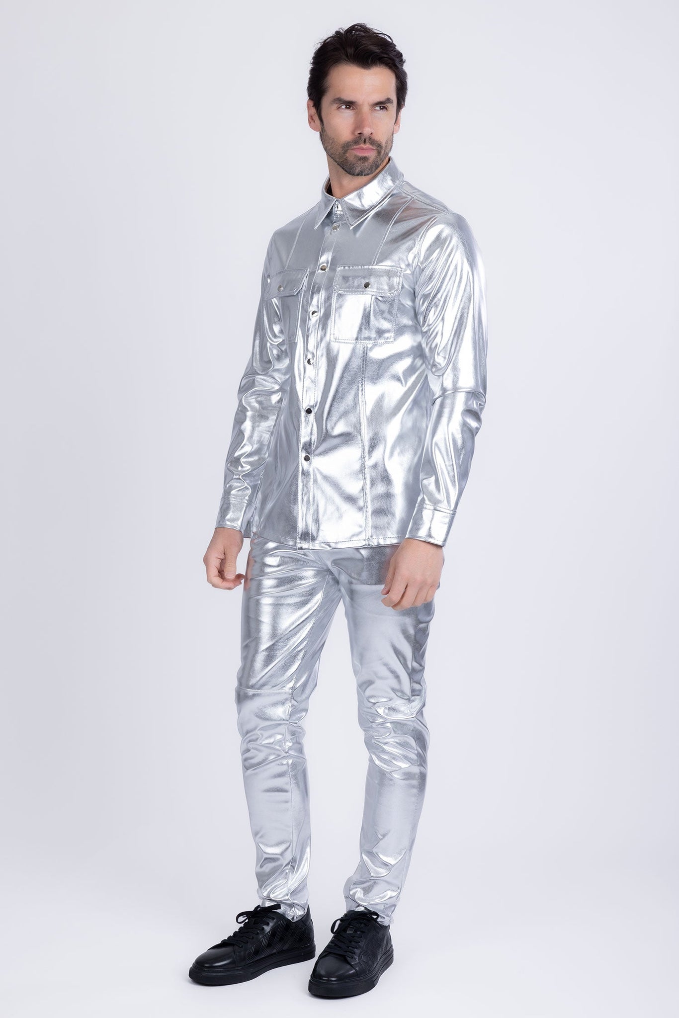 Barabas Wholesale Men's PU Leather Shiny Stretch Long Sleeve Shirt 4B100 Silver