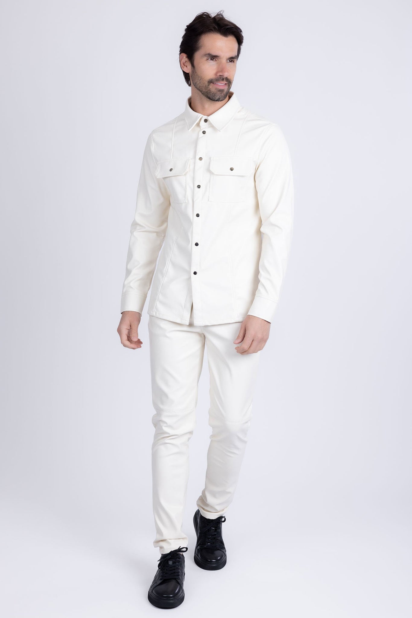 Barabas Wholesale Men's PU Leather Shiny Stretch Long Sleeve Shirt 4B100 White