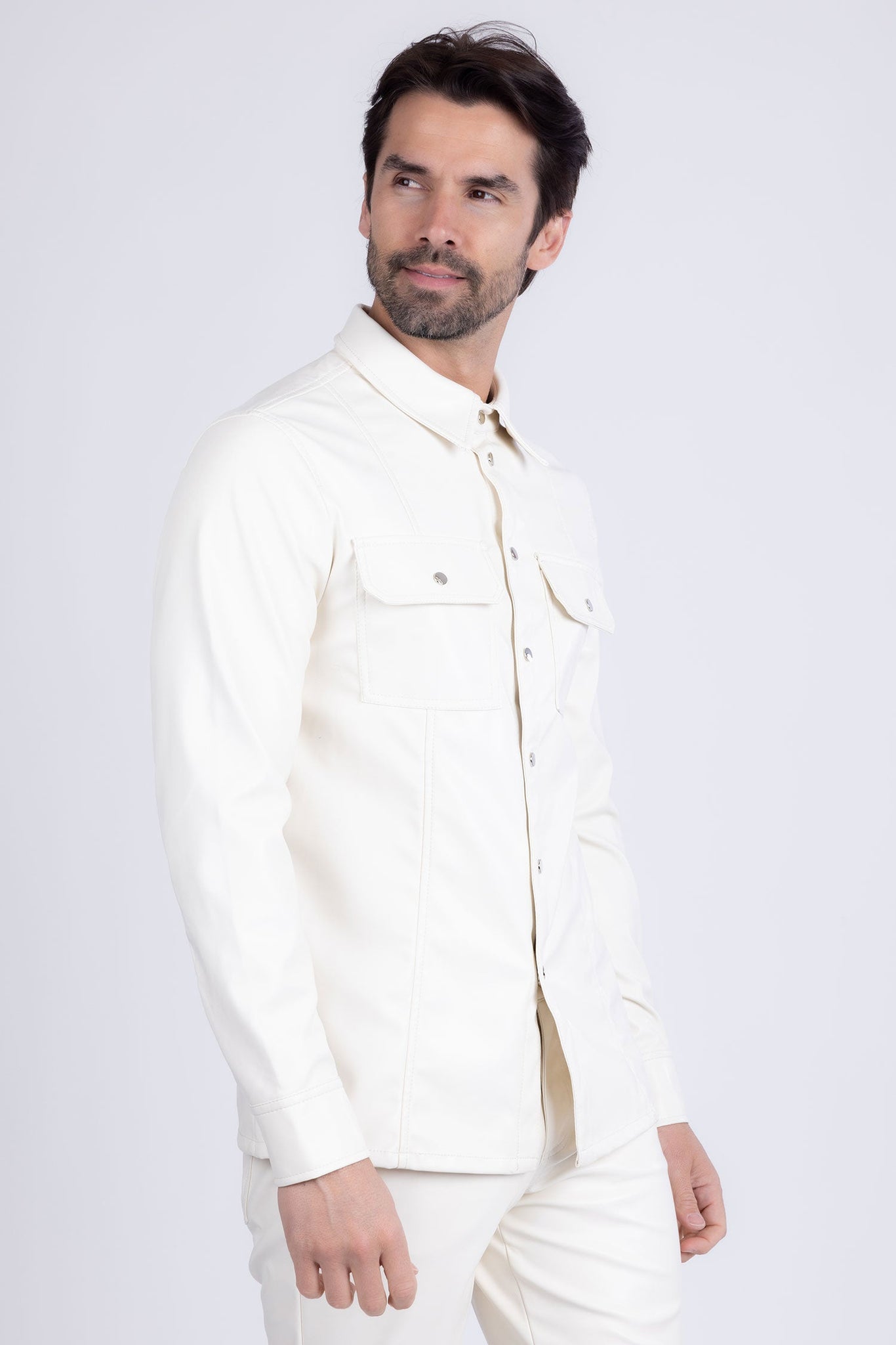 Barabas Wholesale Men's PU Leather Shiny Stretch Long Sleeve Shirt 4B100 White