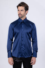 Barabas Wholesale Men's Spear Point Collar Shiny Long Sleeve Shirt 4B102 Navy