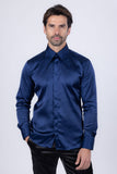 Barabas Wholesale Men's Spear Point Collar Shiny Long Sleeve Shirt 4B102 Navy