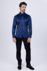 Barabas Wholesale Men's Spear Point Collar Shiny Long Sleeve Shirt 4B102 Navy