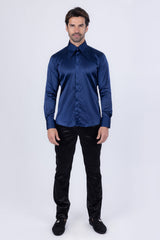 Barabas Wholesale Men's Spear Point Collar Shiny Long Sleeve Shirt 4B102 Navy