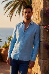 Barabas Wholesale Men's Linen Lightweight Button Down Long Sleeve Shirt 4B30 Blue
