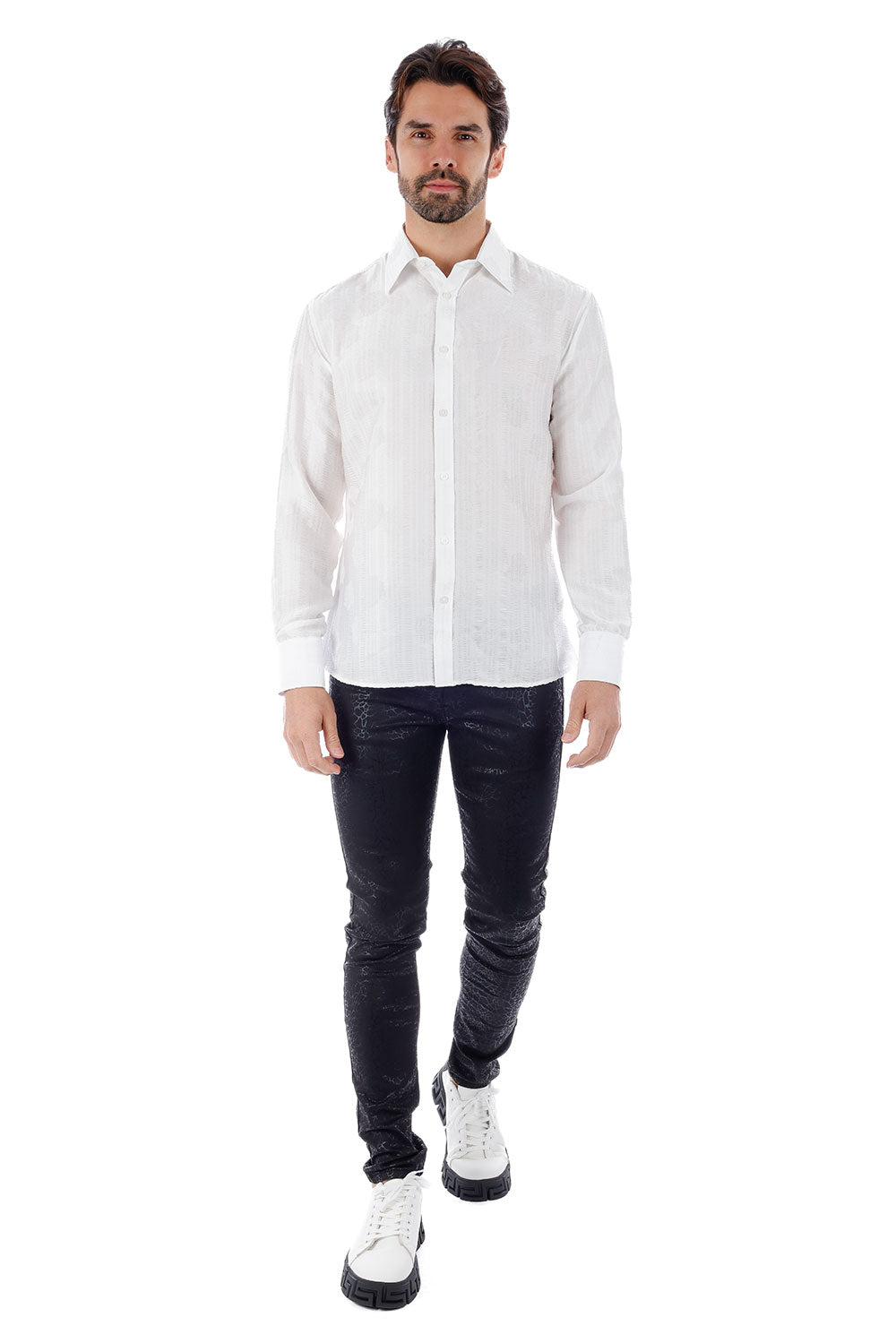 BARABAS Men's Floral Rose Button Down Long Sleeve Shirt 4B31 White