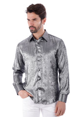 BARABAS Men's Metallic Shiny Button Down Long Sleeve Shirt 4B32 Metallic