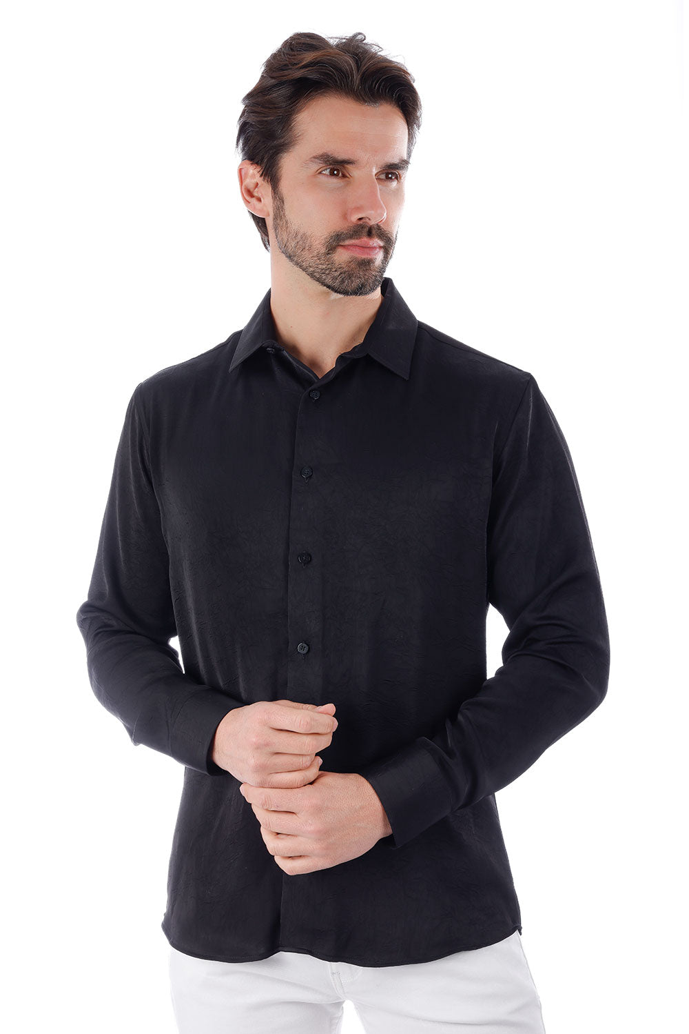 BARABAS Men's Textured Stretch Button Down Long Sleeve Shirt 4B34 Black