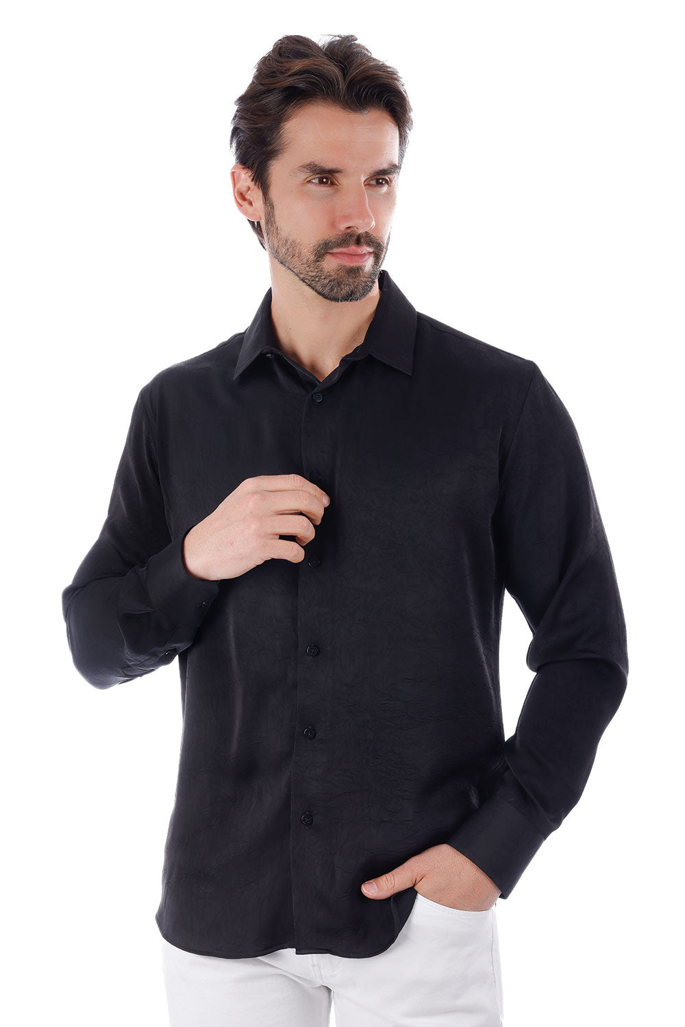 BARABAS Men's Textured Stretch Button Down Long Sleeve Shirt 4B34 Black