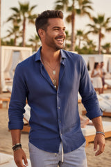 Barabas Wholesale Men's Linen Lightweight Button Down Long Sleeve Shirt 4B37 Blue