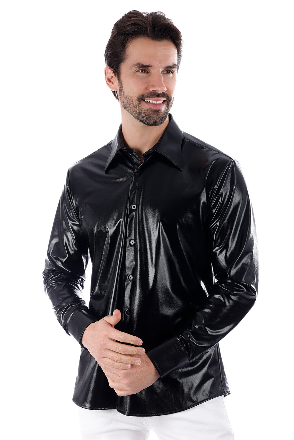 BARABAS Men's Metallic Button Down Long Sleeve Shiny Shirt 4B38 Black