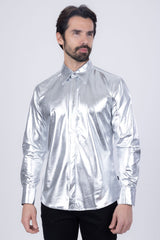 Barabas Wholesale Men's Metallic Button Down Long Sleeve Shiny Shirt 4B38 Silver
