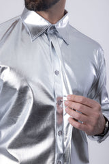 Barabas Wholesale Men's Metallic Button Down Long Sleeve Shiny Shirt 4B38 Silver