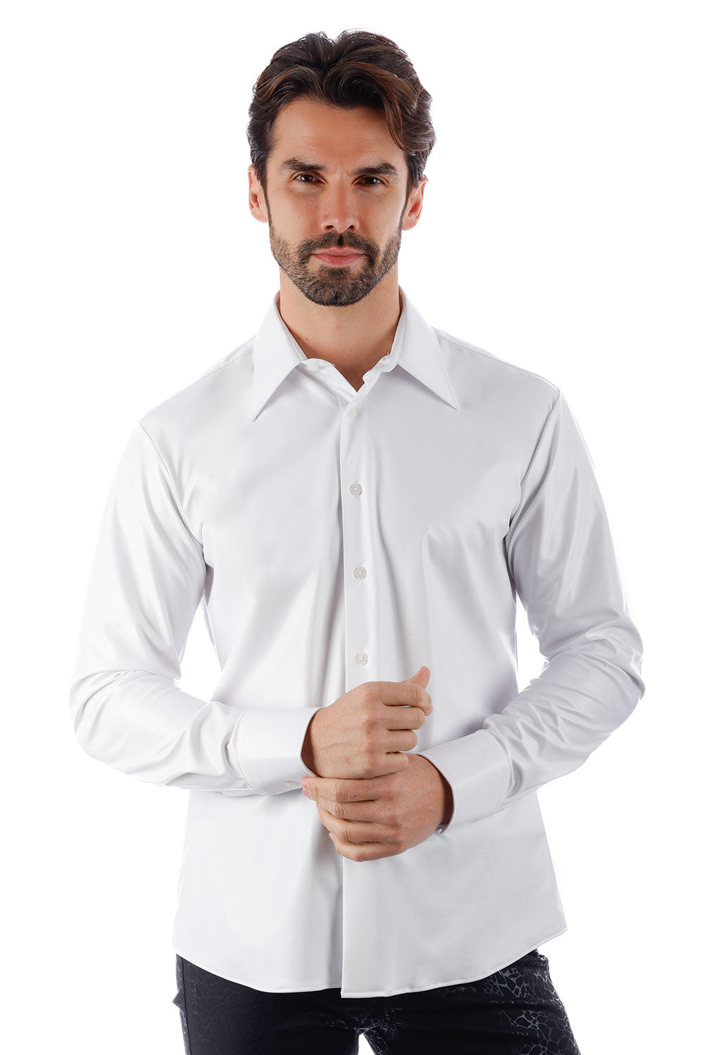 BARABAS Men's Metallic Button Down Long Sleeve Shiny Shirt 4B38 White