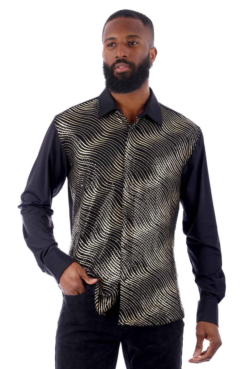 BARABAS Men's Polka Dot Linear Geometric Long Sleeve Shirt 4B43 Black