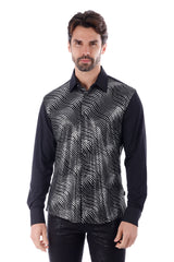 Barabas Wholesale Men's Polka Dot Linear Geometric Long Sleeve Shirt 4B43 Black Silver