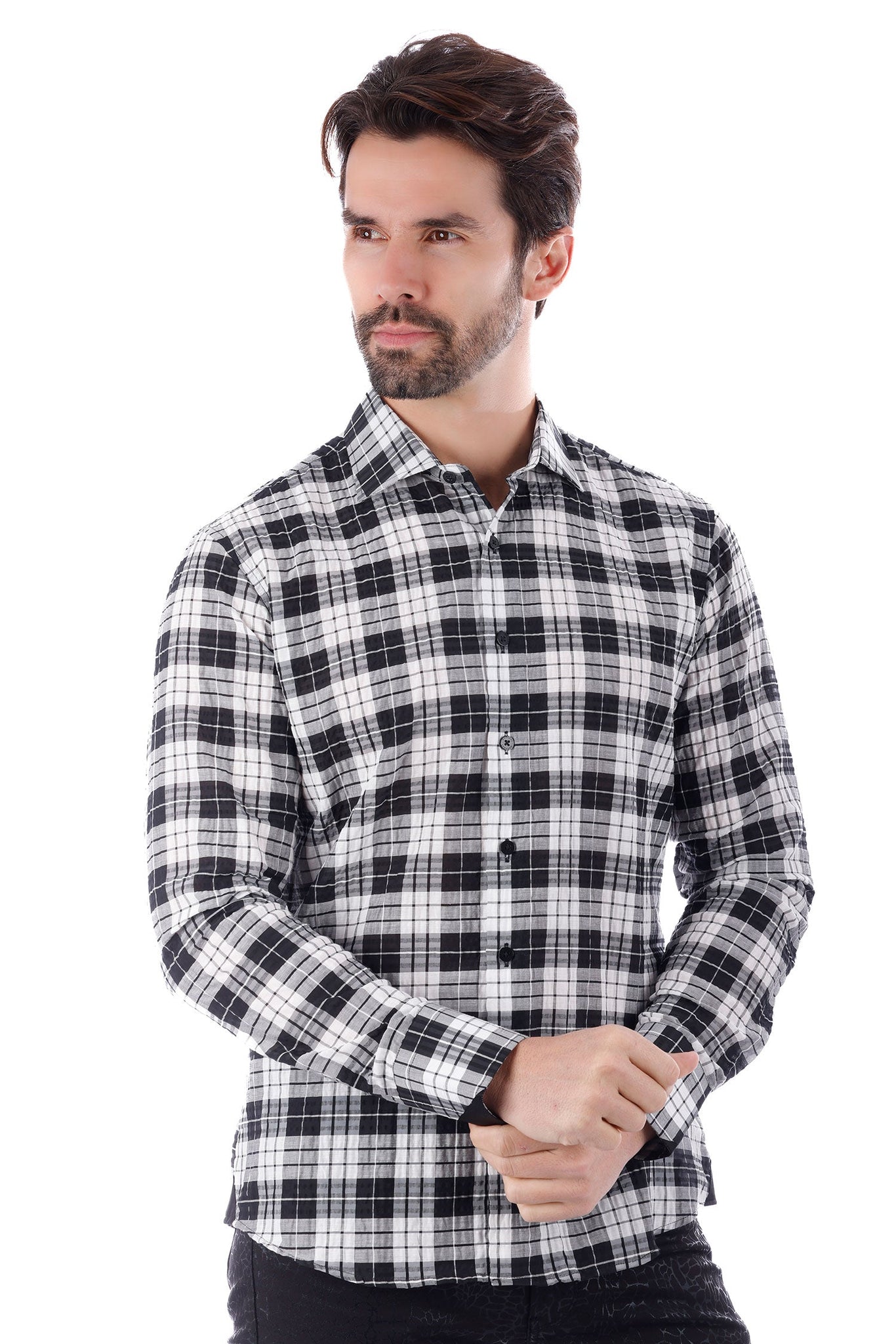 Barabas Wholesale Men's Plaid Button Down Long Sleeve Shirts 4B47 Black White