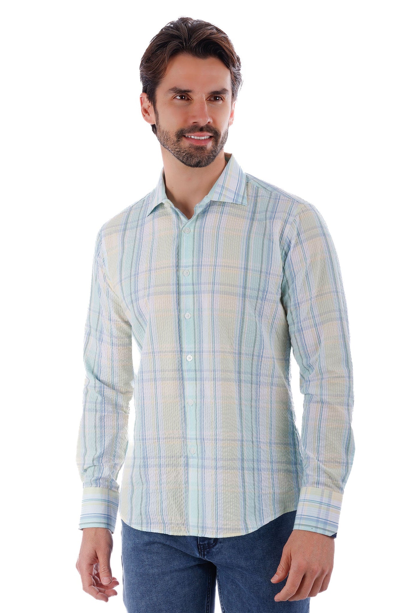 Barabas Wholesale Men's Plaid Button Down Long Sleeve Shirts 4B47 Green Yellow