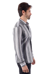 Barabas Wholesale Men's Geometric Pattern See Through Long Sleeve Shirts 4B55 Black White