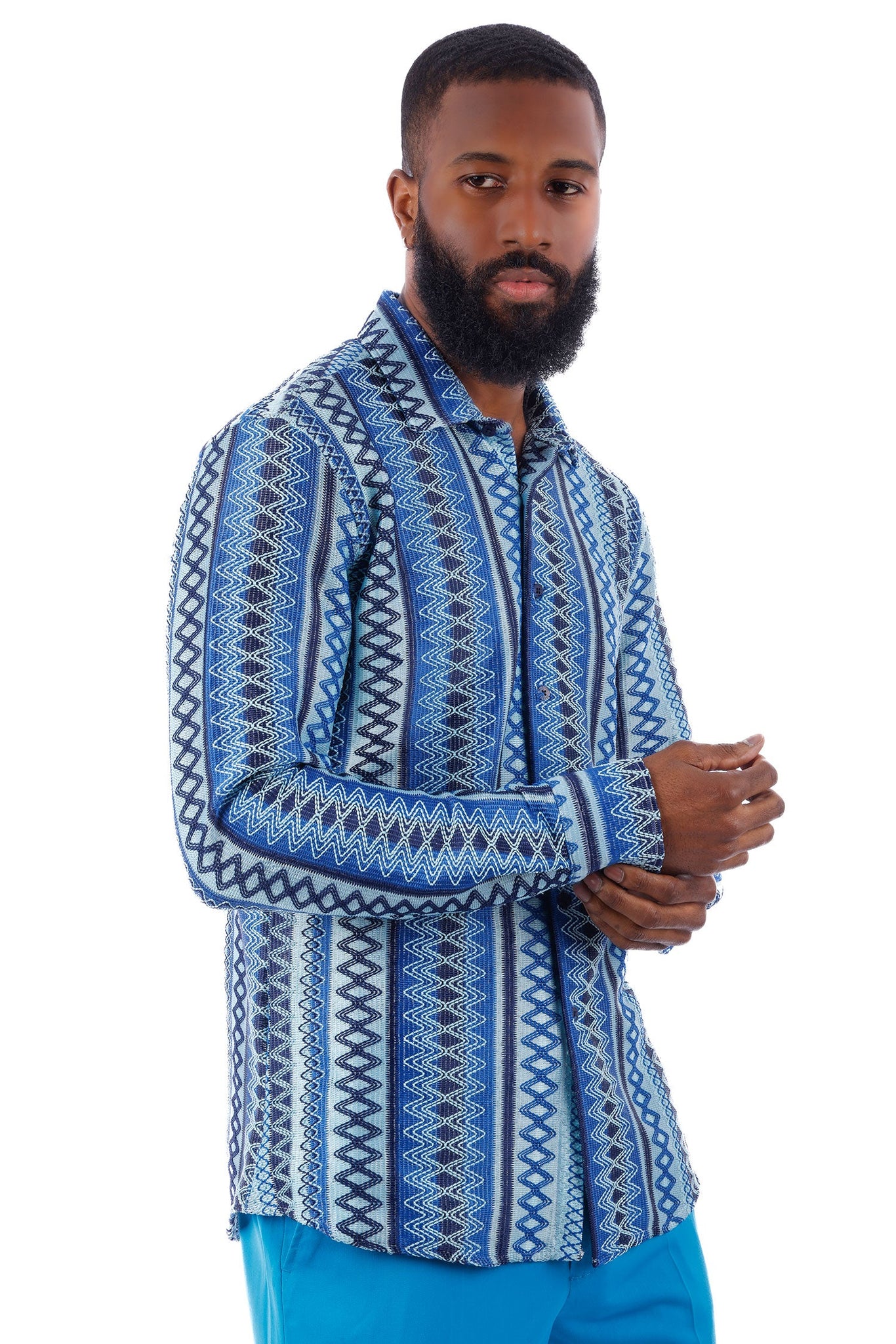 Barabas Wholesale Men's Geometric Pattern See Through Long Sleeve Shirts 4B55 Blue