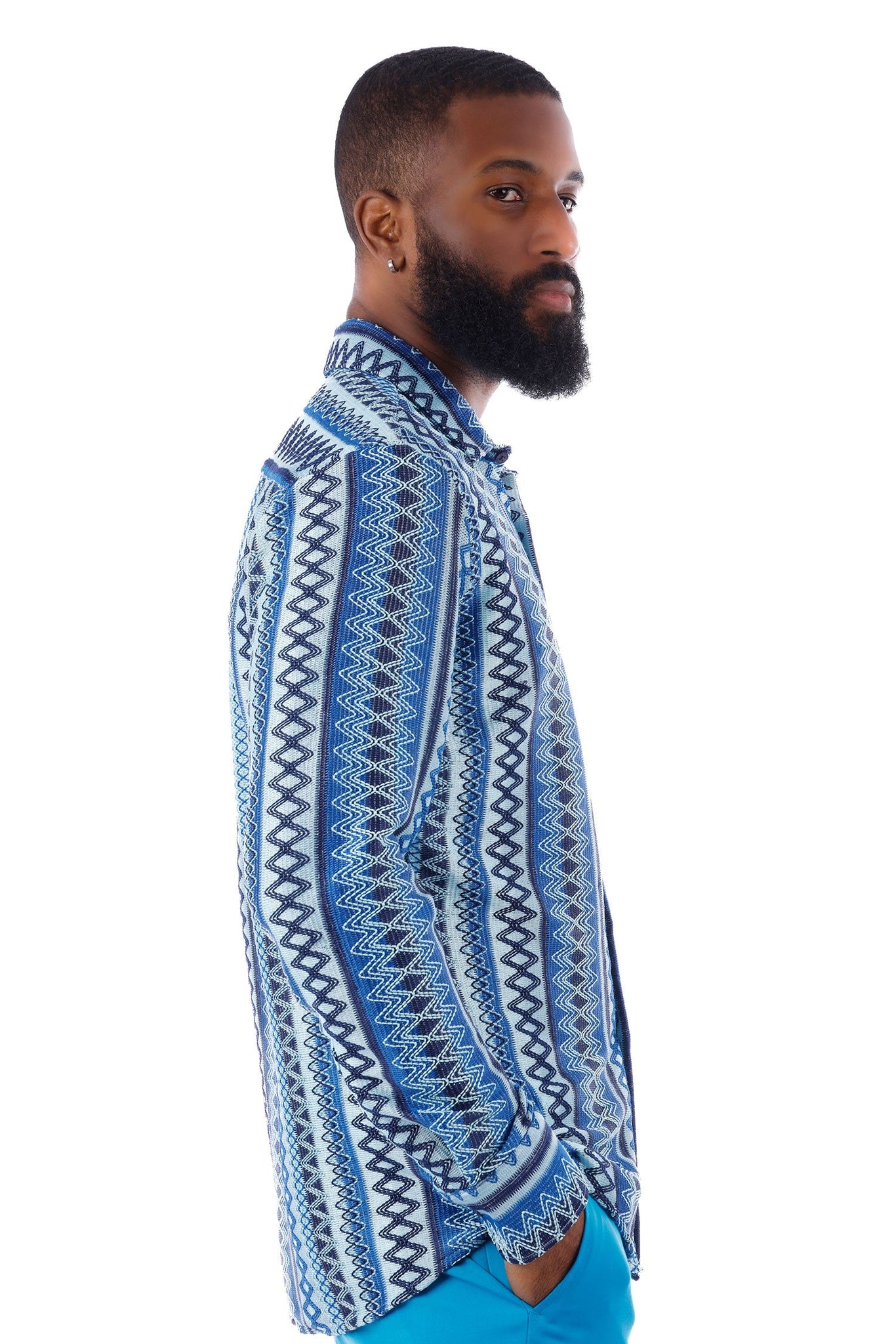 Barabas Wholesale Men's Geometric Pattern See Through Long Sleeve Shirts 4B55 Blue