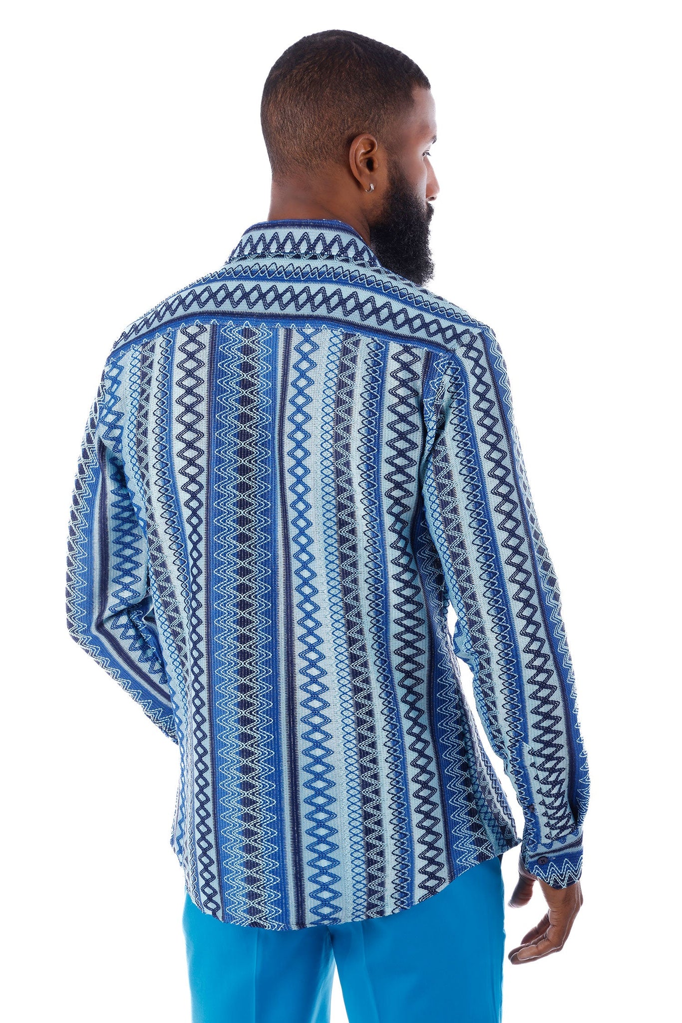 Barabas Wholesale Men's Geometric Pattern See Through Long Sleeve Shirts 4B55 Blue