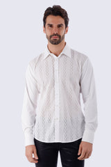 Barabas Wholesale Men's Geometric Stretch See-through Long Sleeve Shirts 4B60 WhiteBarabas Wholesale Men's Geometric Stretch See-through Long Sleeve Shirts 4B60 White