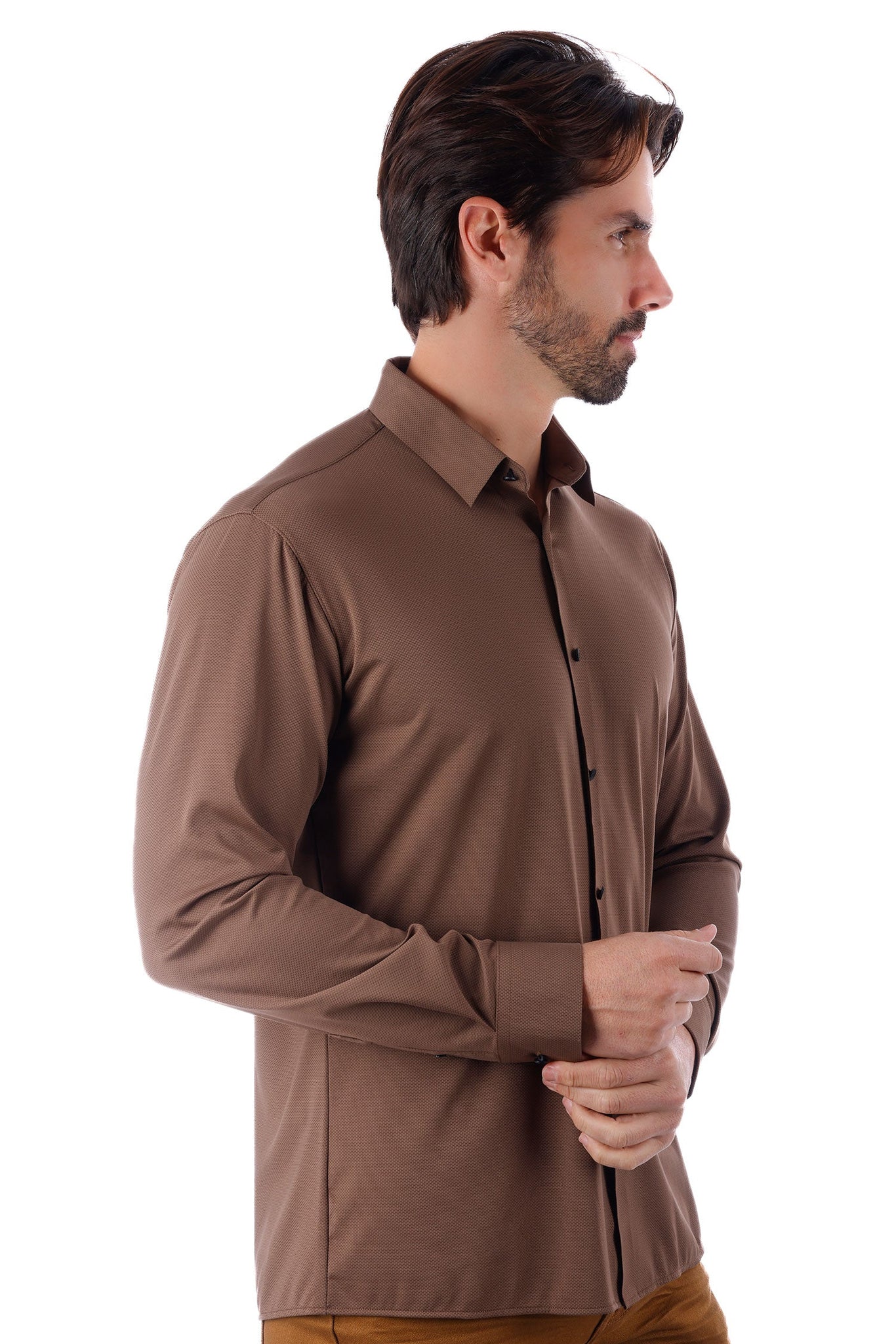 Barabas Wholesale Men's Slim-fit Stretch Button Down Long Sleeve Shirts 4B61 Latte