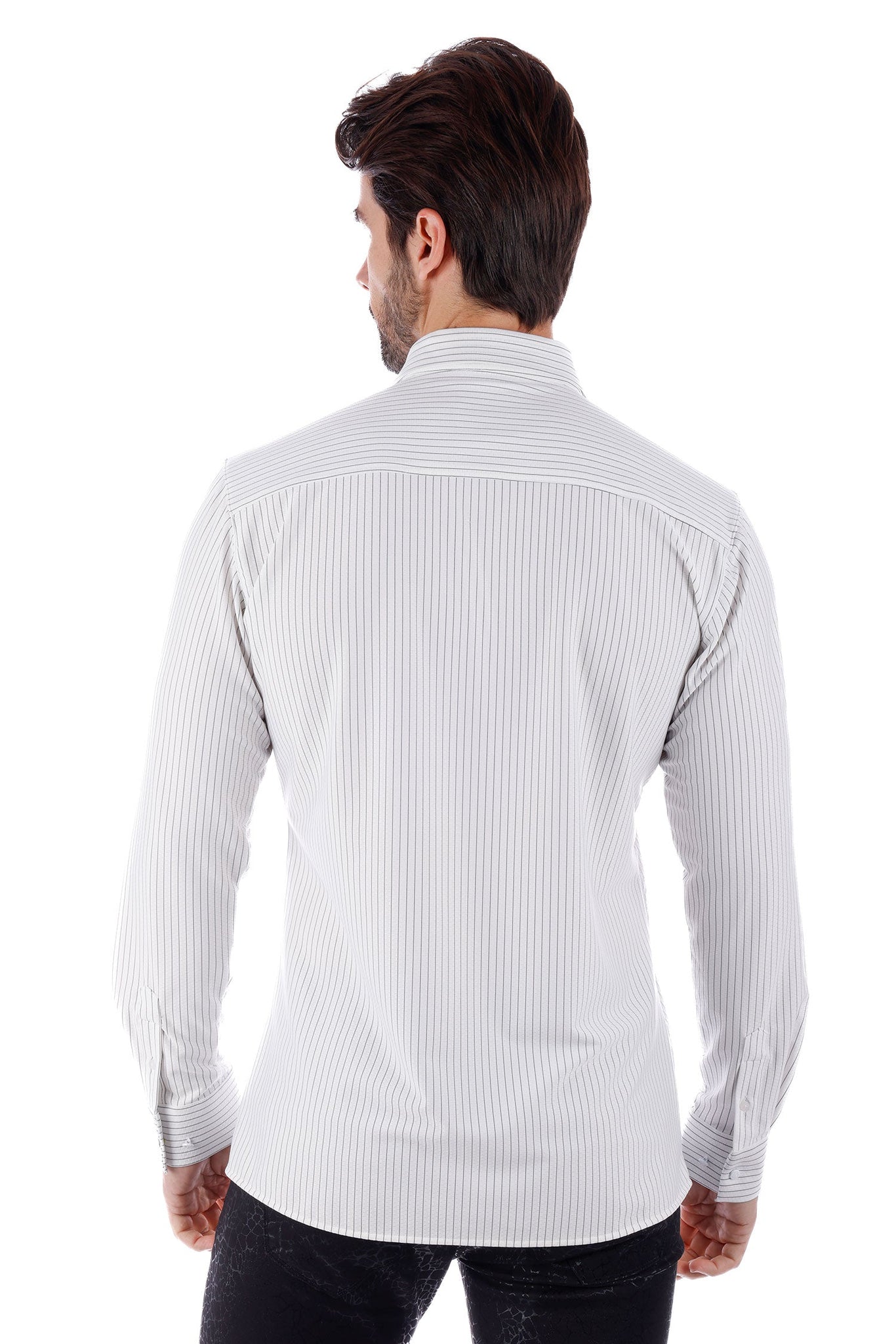 Barabas Wholesale Men's Striped Stretchable Button Down Long Sleeve Shirts 4B62 White