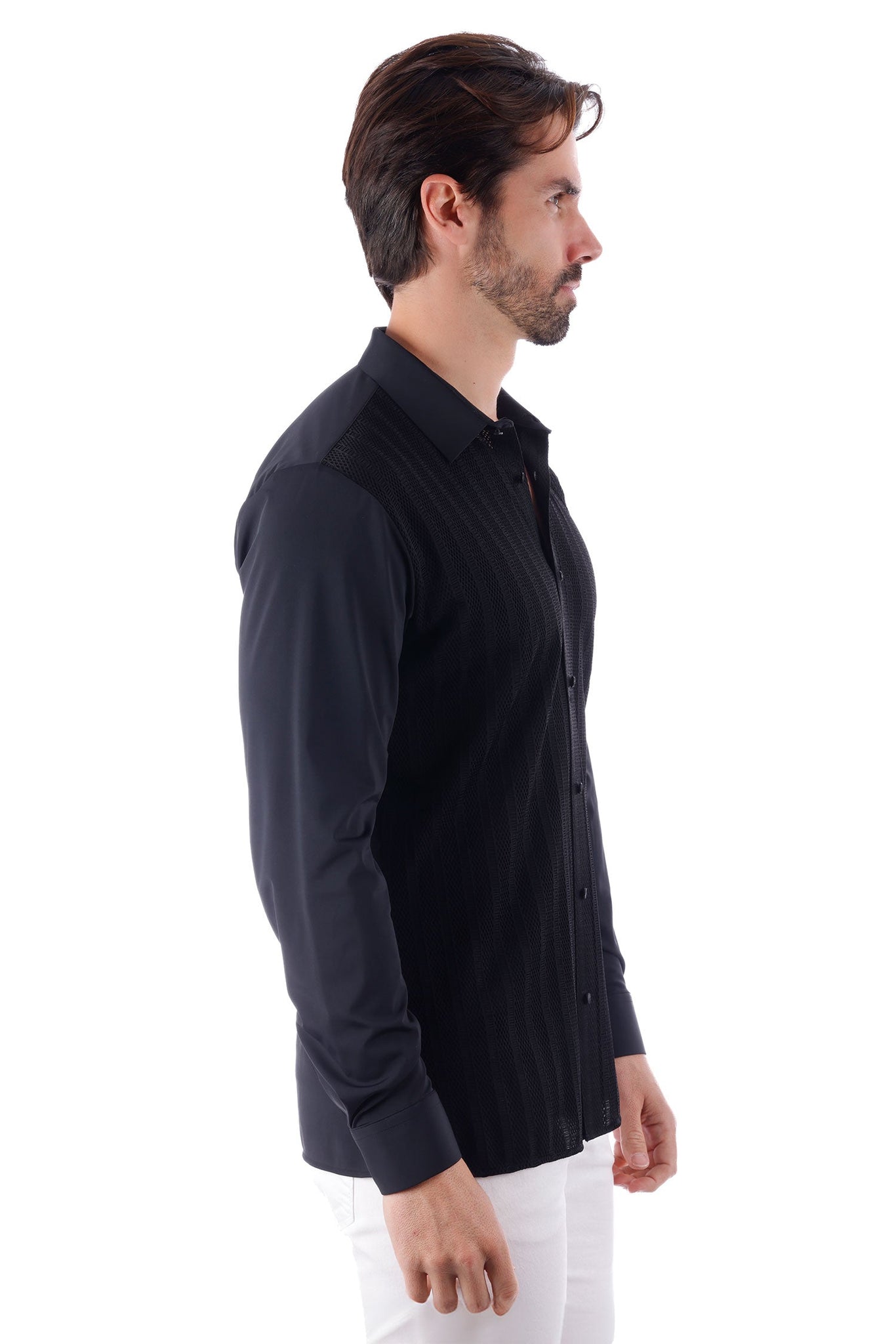 Barabas Wholesale Men's See-Through Breathable Long Sleeve Shirts 4B68 Black