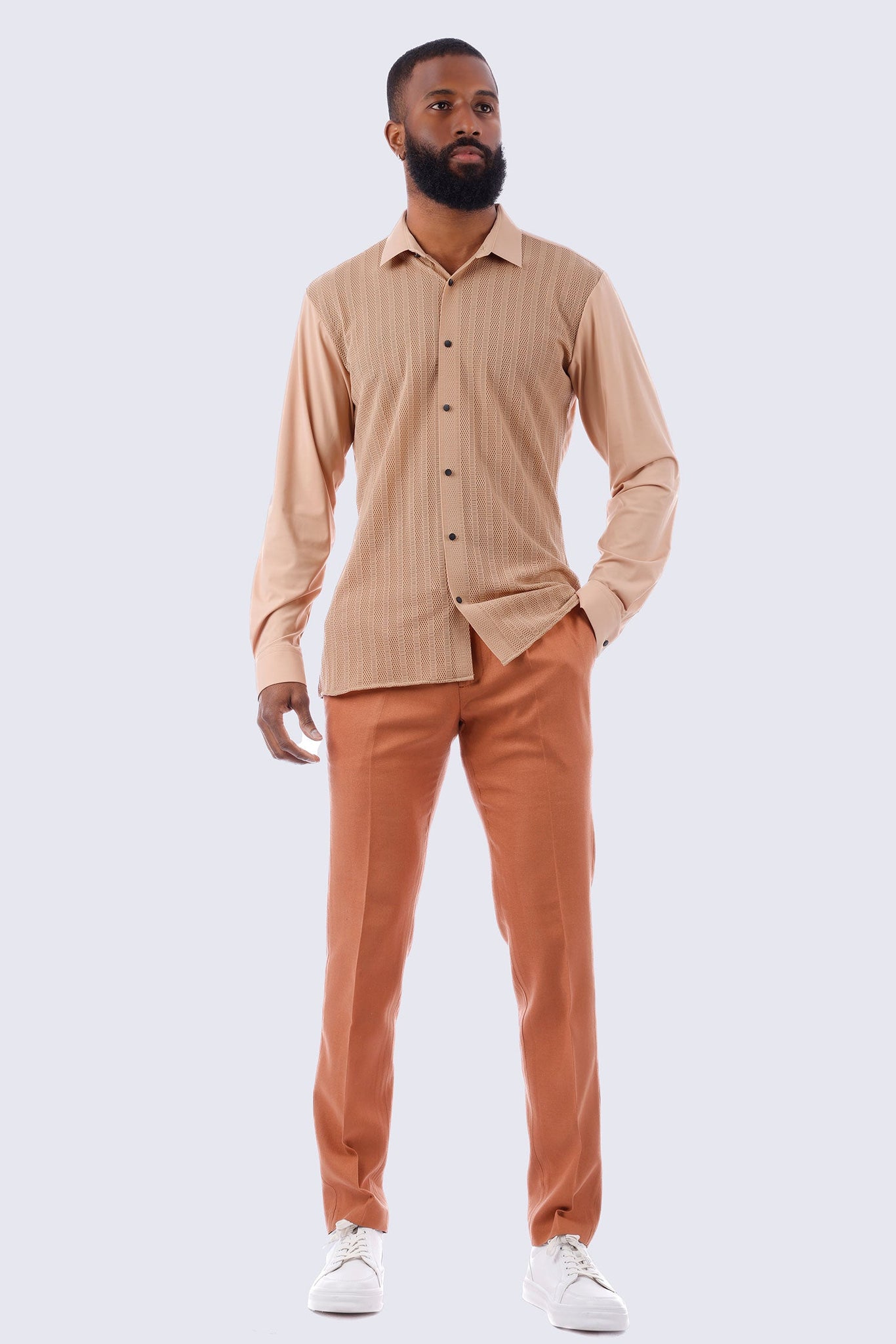 Barabas Wholesale Men's See-Through Breathable Long Sleeve Shirts 4B68 Tan