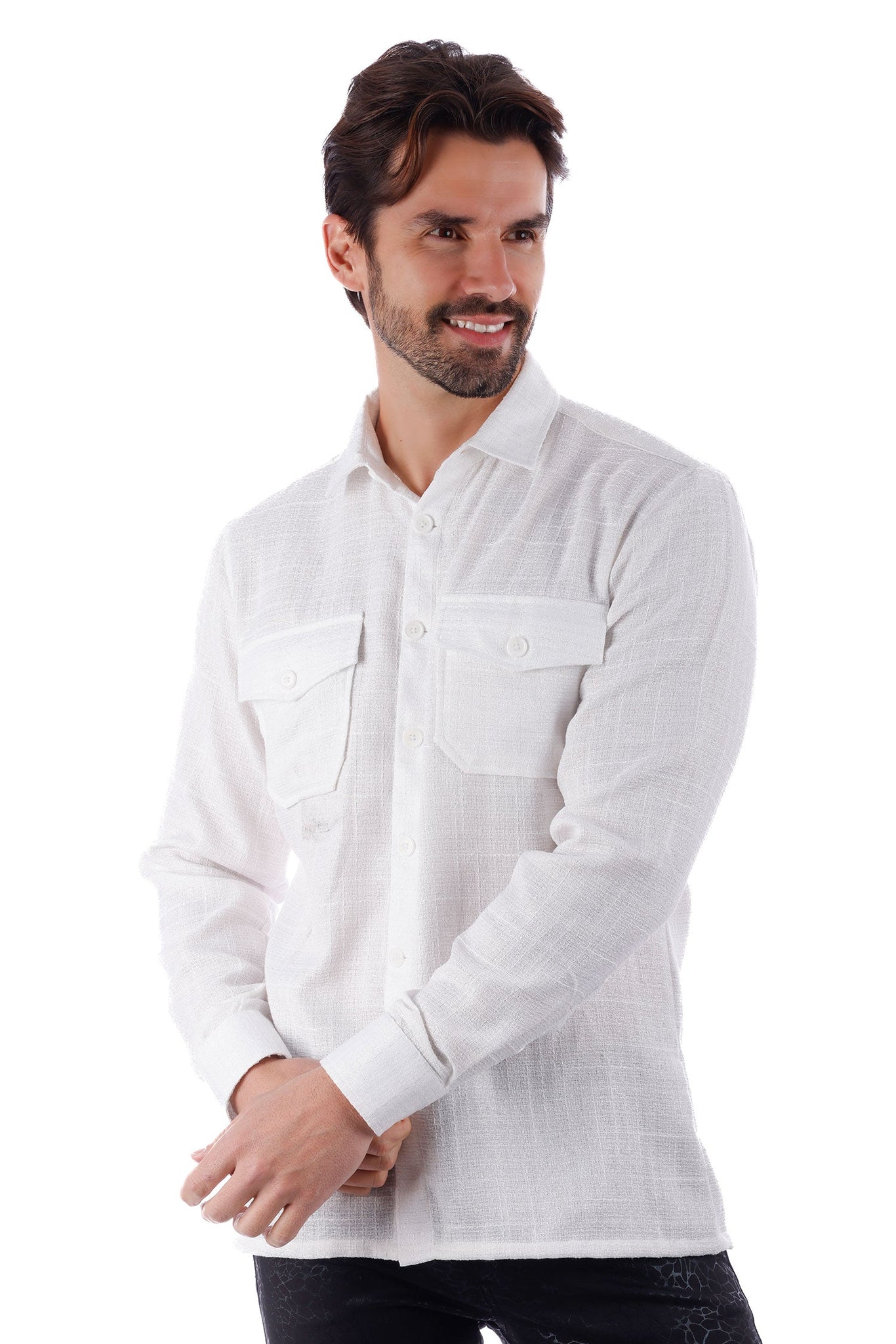 Barabas Wholesale Men's Stretchy See-through Wool Long Sleeve Shirts 4B72 White