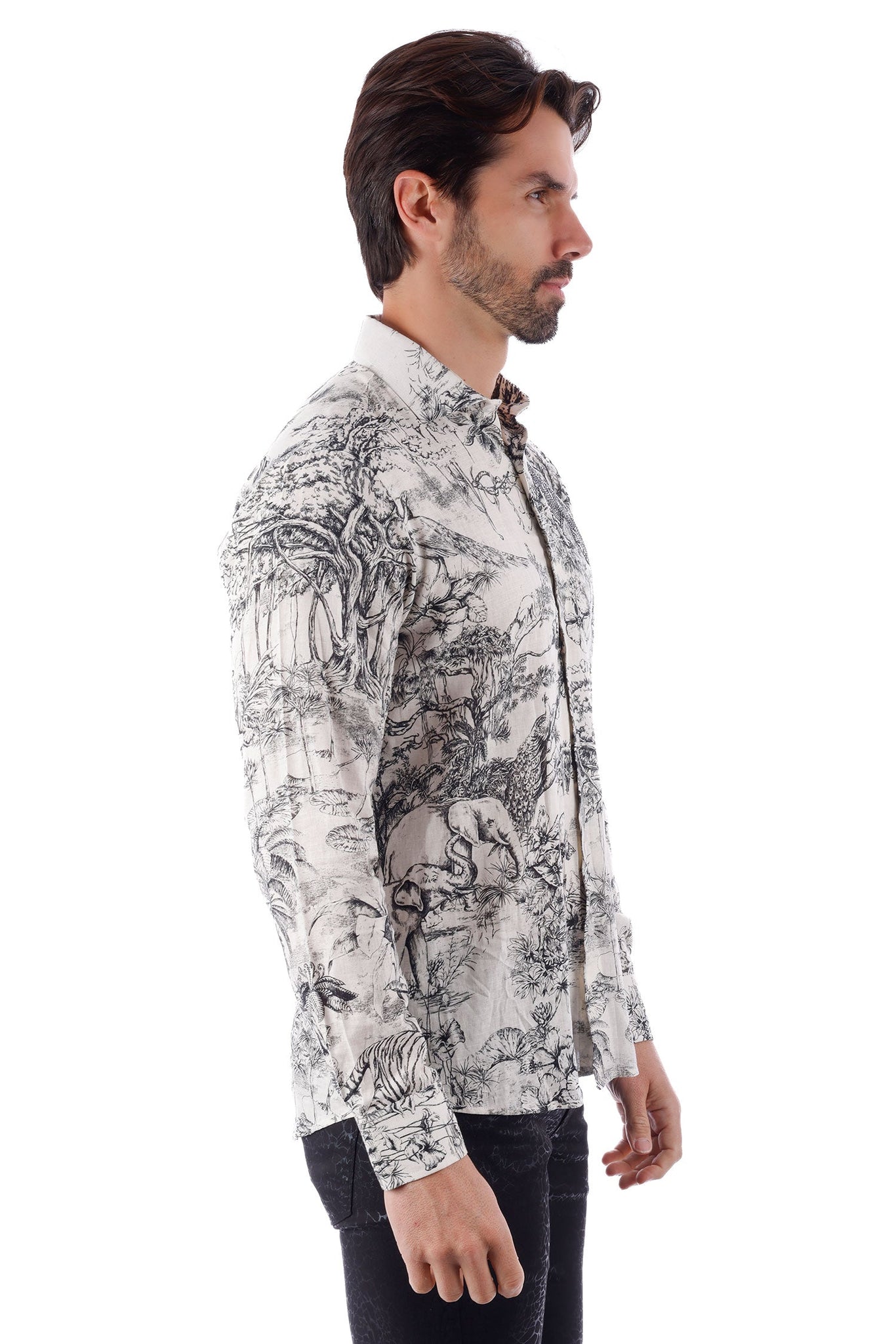 Barabas Wholesale Men's Animal Print Linen Button Down Long Sleeve Shirts 4B73 Black White