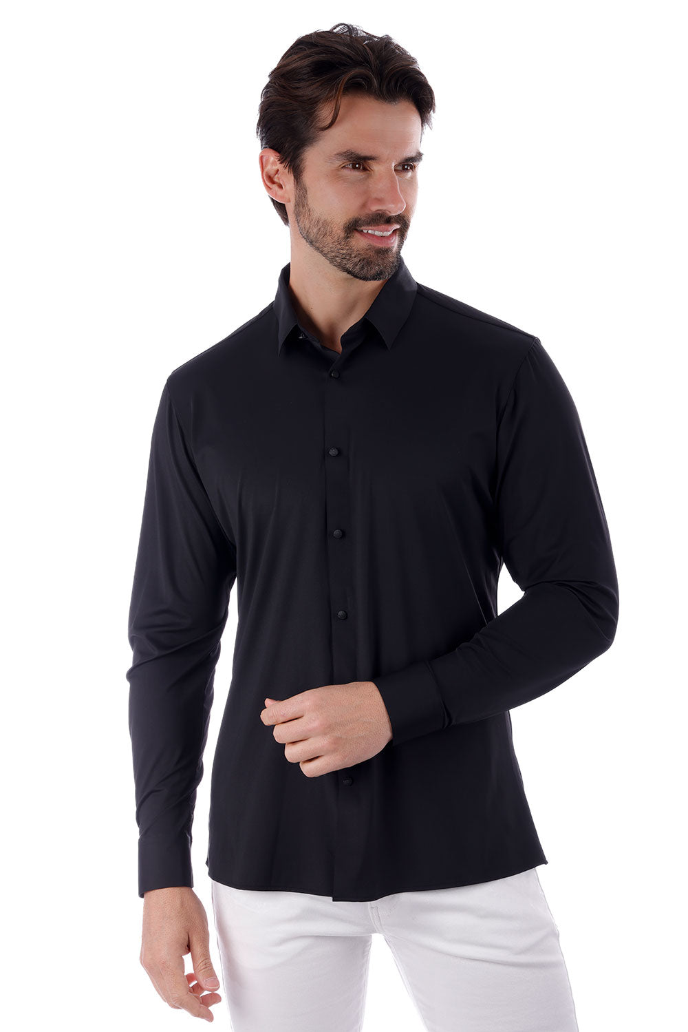 Barabas Wholesale Men's Strechy Solid Color Button Down Long Sleeve Shirts 4B76 Black