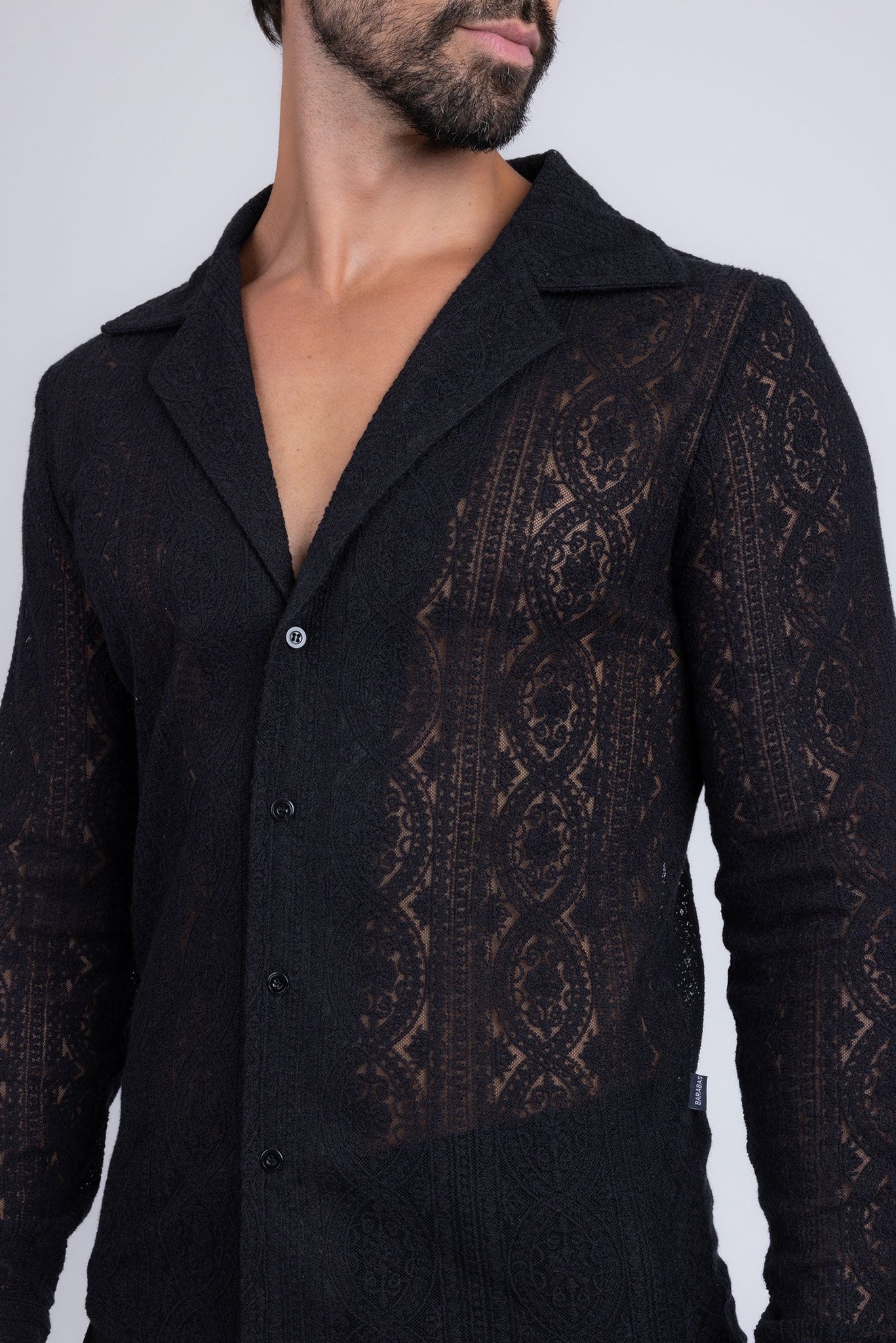 Barabas Wholesale Men's Embroidered See Through Floral Long Sleeve Shirts 4B85 Black