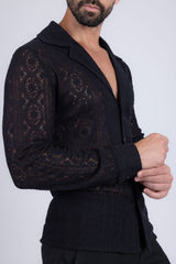 Barabas Wholesale Men's Embroidered See Through Floral Long Sleeve Shirts 4B85 Black