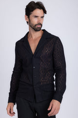 Barabas Wholesale Men's Embroidered See Through Floral Long Sleeve Shirts 4B85 Black