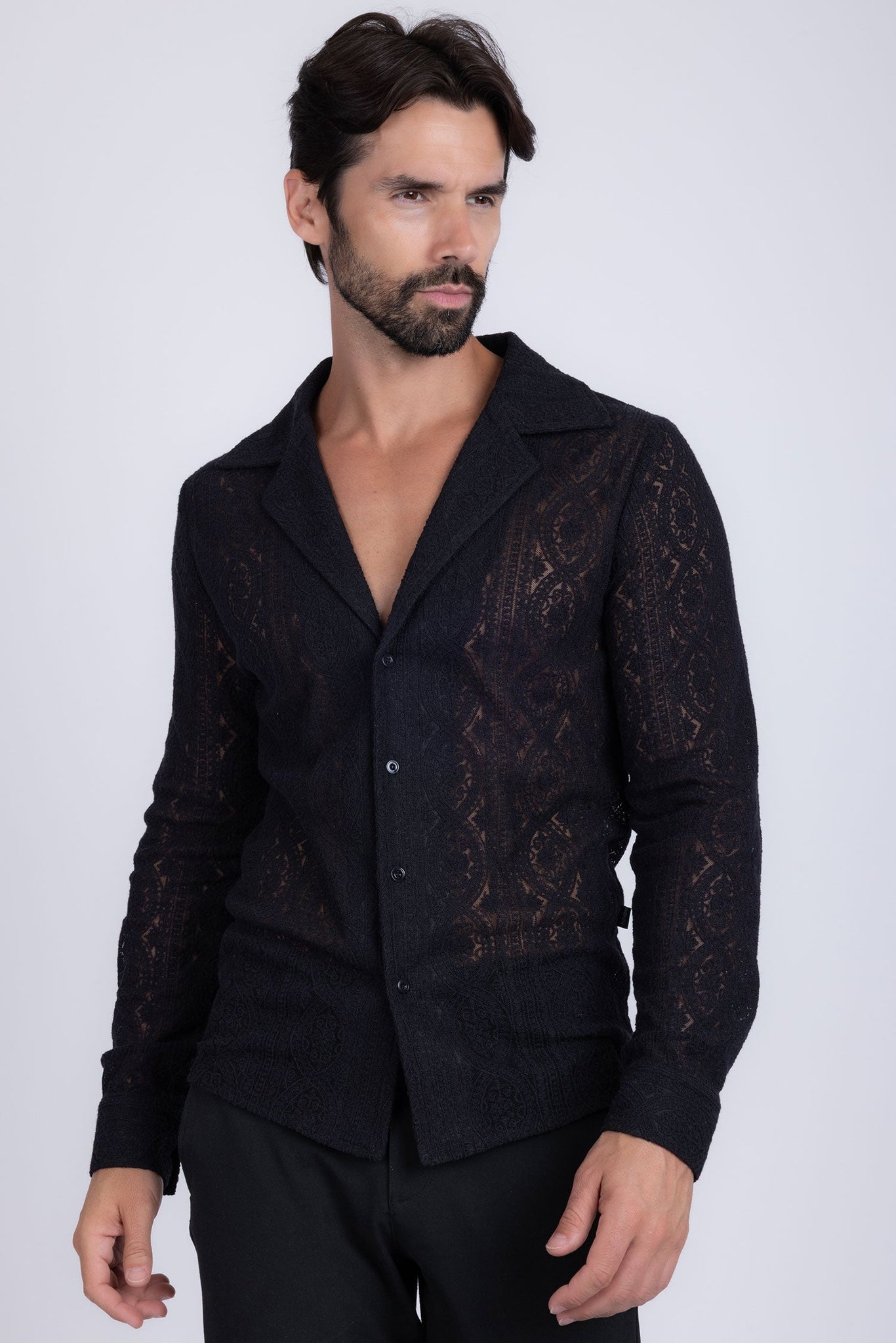 Barabas Wholesale Men's Embroidered See Through Floral Long Sleeve Shirts 4B85 Black
