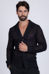 Barabas Wholesale Men's Embroidered See Through Floral Long Sleeve Shirts 4B85 Black