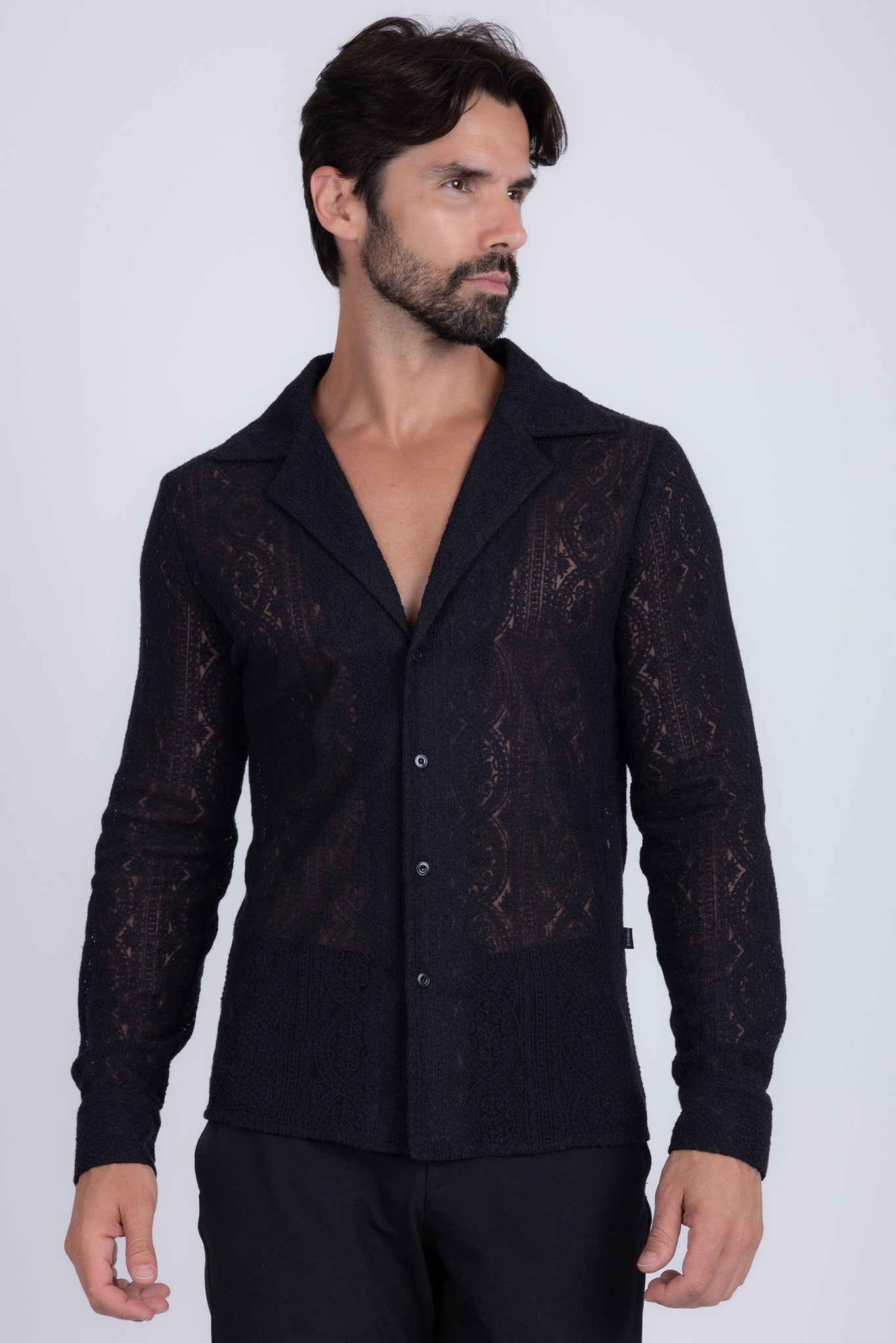 Barabas Wholesale Men's Embroidered See Through Floral Long Sleeve Shirts 4B85 Black