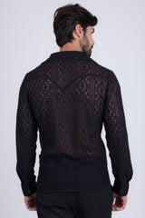 Barabas Wholesale Men's Embroidered See Through Floral Long Sleeve Shirts 4B85 Black