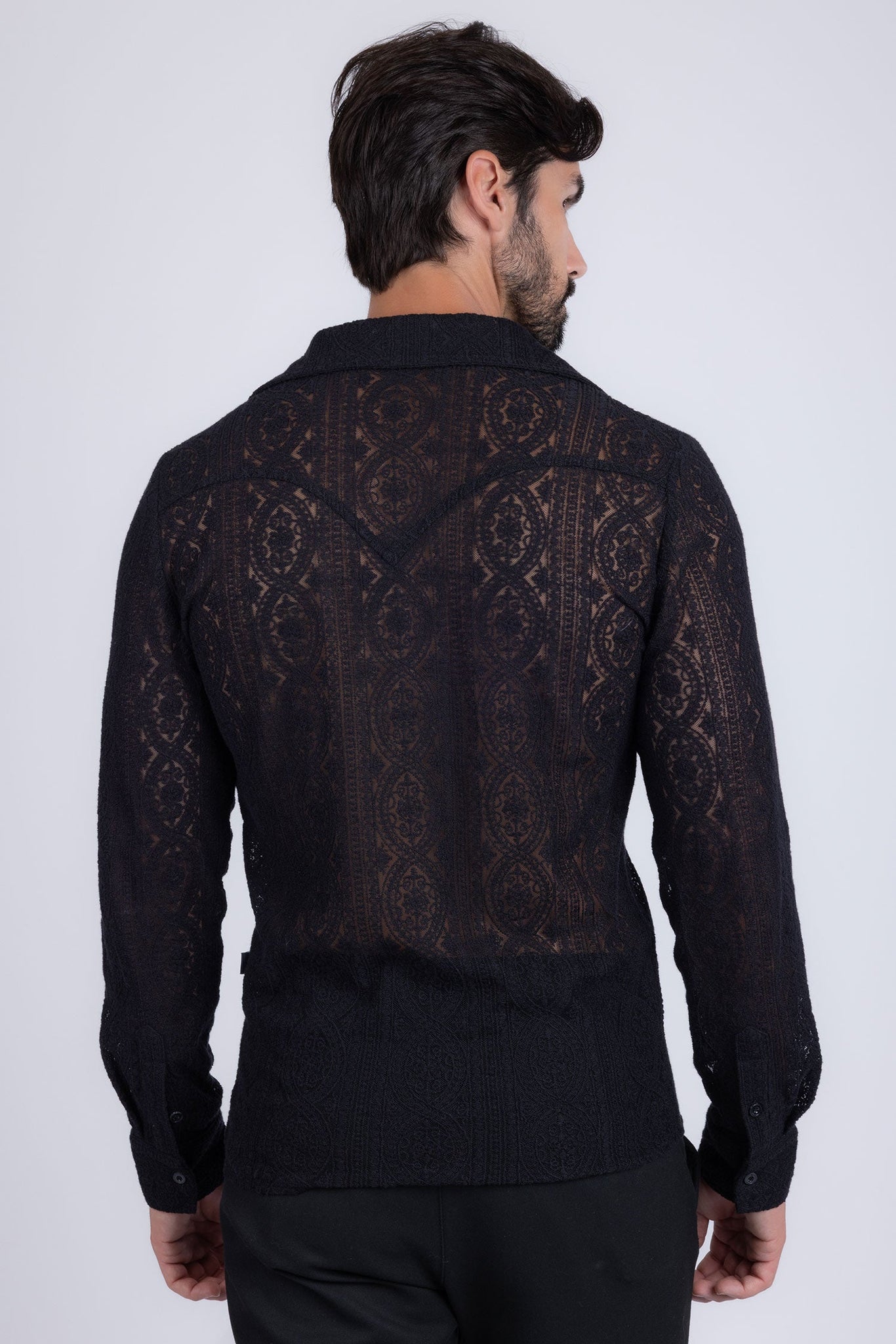 Barabas Wholesale Men's Embroidered See Through Floral Long Sleeve Shirts 4B85 Black