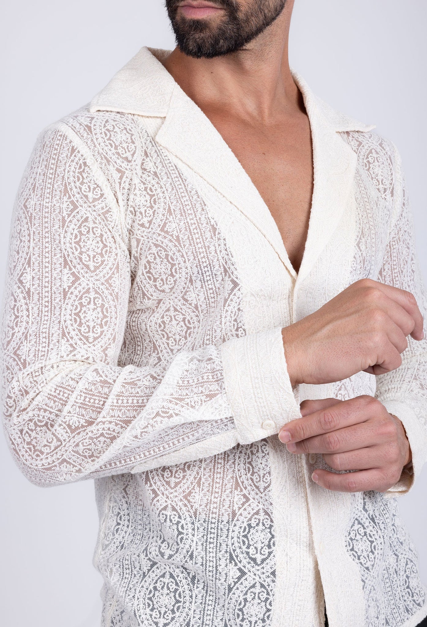 Barabas Wholesale Men's Embroidered See Through Floral Long Sleeve Shirts 4B85 White