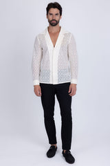 Barabas Wholesale Men's Embroidered See Through Floral Long Sleeve Shirts 4B85 White